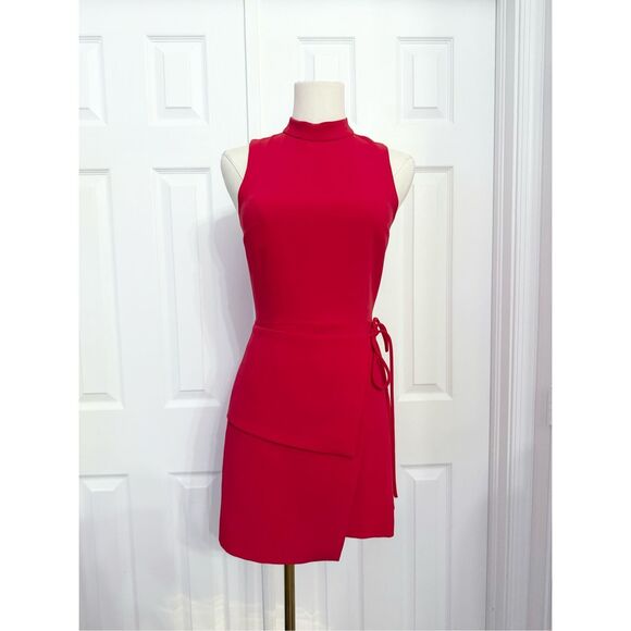 Amanda Uprichard Pants - Amanda Uprichard Womens Bold Red Wrap High Neck Sleeveless Reed Romper Size XS
